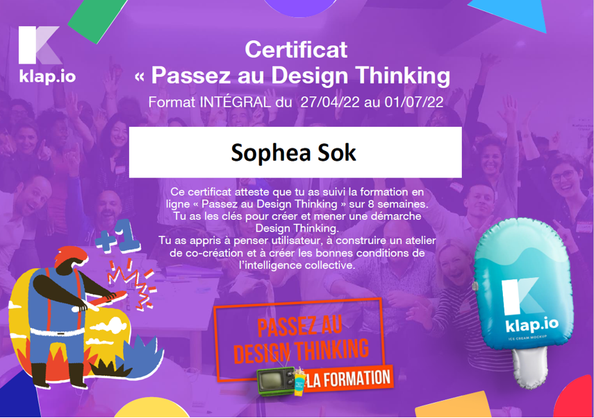 Ravi de partager avec vous mon certificat en Design Thinking !